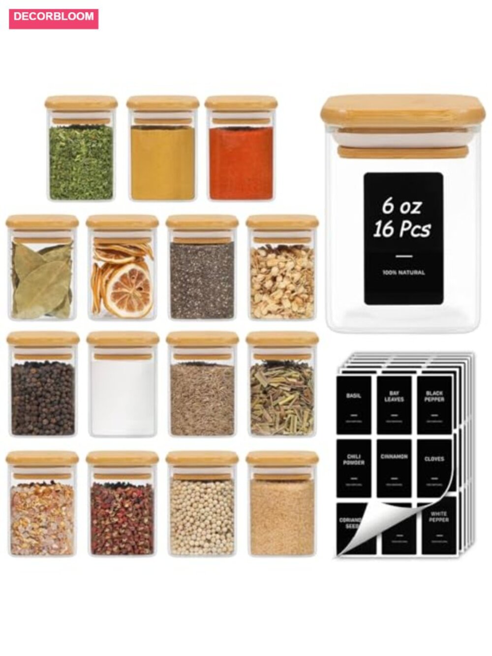 16pc Glass Spice Jars with Bamboo Lids Labels 6oz Airtight Square Containers